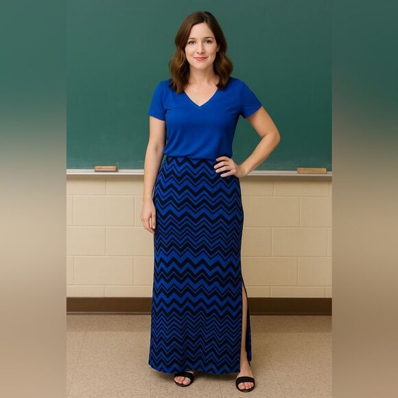 Apt. 9 XL Royal Blue & Black Chevron Maxi Skirt Pull-On Stretch Side Slit - Picture 1 of 5